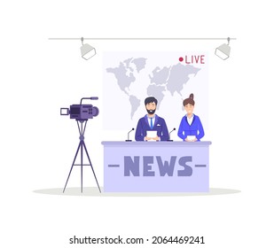 Smiling man and woman breaking news presenter speaking live broadcasting shooting with camera at studio. Recording daily uncos online streaming. Mass media headline global tv channel vector flat