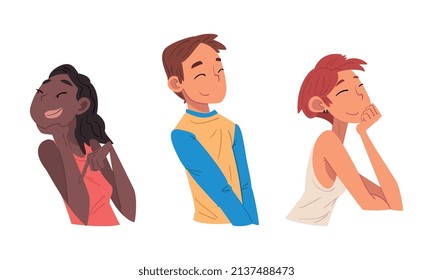 Smiling Man and Woman Character Looking at Someone Demonstrating Attention Vector Set