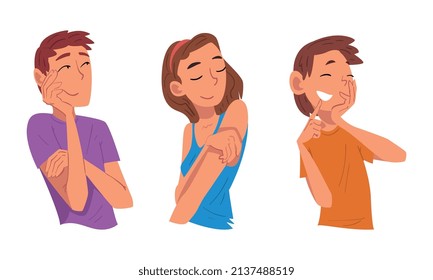 Smiling Man and Woman Character Looking at Someone Demonstrating Attention Vector Set