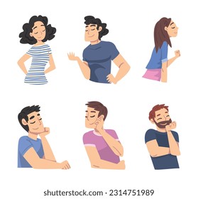 Smiling Man and Woman Character Looking at Someone Demonstrating Attention Vector Set