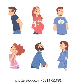 Smiling Man and Woman Character Looking at Someone Demonstrating Attention Vector Set