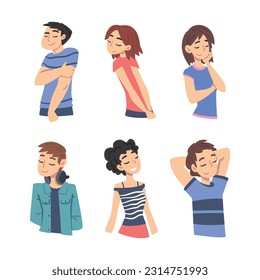 Smiling Man and Woman Character Looking at Someone Demonstrating Attention Vector Set