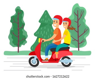 Smiling man and woman characters driving motorbike. Activity of male and female going on bike by road near green trees. Happy people in helmet hugging and traveling on vehicle together vector