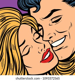 Smiling man and woman, close-up face. A couple in love. Comic cartoon pop art retro vector vintage illustration