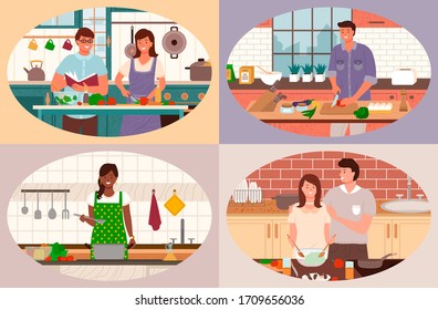 Smiling man and woman cooking vegetables in kitchen. Culinary of couple wearing apron and making dish at home. Woman mixing eggs ingredient, man cutting vegetarian food for salad indoor vector