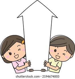 Smiling man and woman couple holding a big up arrow
