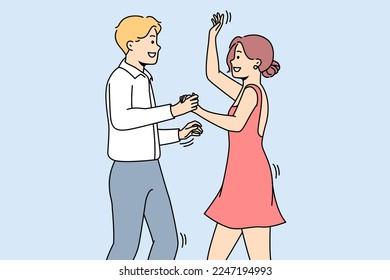 Smiling man and woman dancing together having fun. Happy couple perform at dance competition. Hobby and occupation. Vector illustration.