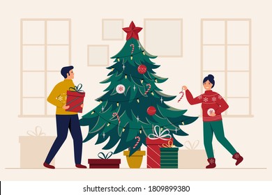 Smiling man and woman decorate the Christmas tree with toys and garlands. Vector illustration of a happy couple during the Christmas holidays preparations.