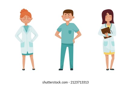 Smiling Man and Woman Doctor with Stethoscope Wearing Medical Uniform Vector Set