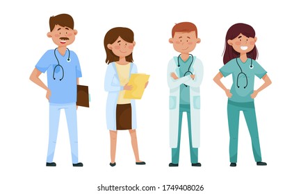 Smiling Man and Woman Doctors Wearing Medical Uniform Vector Illustrations Set