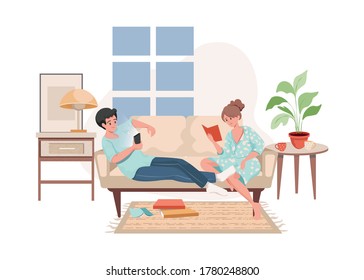 Smiling man and woman in domestic clothes sitting on sofa, surf on the internet, and read books vector flat illustration. Modern living room interior design. Spending evening time together at home.