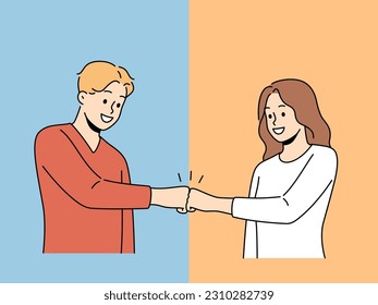 Smiling man and woman give fists bump engaged in teamwork. Happy couple male gesture greeting or making deal. Cooperation. Vector illustration. 