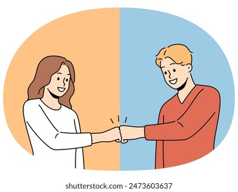 Smiling man and woman give fists bump engaged in teamwork. Happy couple male gesture greeting or making deal. Cooperation. Vector illustration.