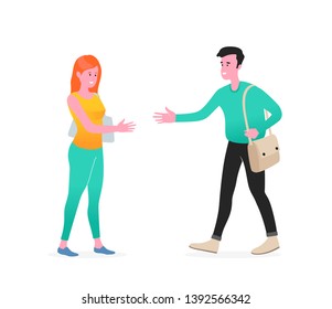 Smiling man and woman greet each other and going for a handshake. Vector illustration.