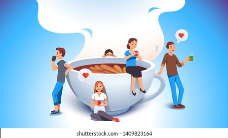 Smiling man and woman group of coffee lovers sitting and standing around big cup of hot coffee drinking it with mugs in hands. Flat style vector character concept illustration