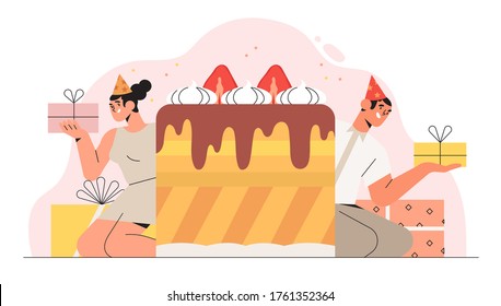 Hombre y mujer sonriente con fiesta de cumpleaños o gran apertura con caja de regalo y regalos y bizcocho. Celebración de cumpleaños o concepto de aniversario para carteles, publicidad, web o diseño ui.