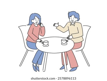 Smiling man and woman having a conversation while drinking coffee. Vector illustration. Simple hand drawn illustration.