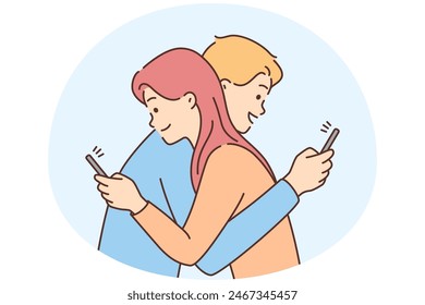 Smiling man and woman hugging talking on cellphones online. Distracted couple use smartphones embracing. Concept of cheating and social media addiction. Vector illustration.