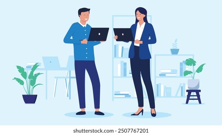 Smiling man and woman with laptops - Two businesspeople characters at work in office standing holding computers. Flat design vector illustration with blue background