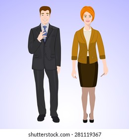 Smiling man and woman in office style wear.
