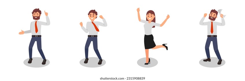 Smiling Man and Woman Office Worker Wearing Red Tie and Formal Suit Enjoying Success and Cheering Vector Illustration Set