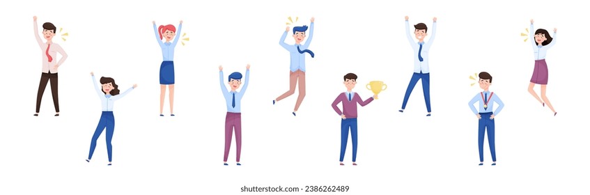 Smiling Man and Woman Office Worker with Golden Cup Enjoying Success and Cheering Vector Set