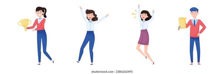 Smiling Man and Woman Office Worker with Golden Cup Enjoying Success and Cheering Vector Set