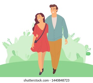 Smiling man and woman on dating, happy couple on background of green leaves, attraction and accumulation of capital, successful young family spend time together