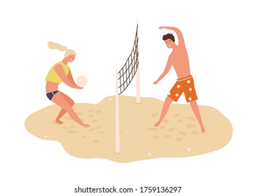 Smiling man and woman playing volleyball on beach vector flat illustration. Happy couple toss ball through net stand on sand isolated on white. Sports people enjoying outdoor summer activity together