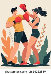 Smiling man and woman practicing boxing in sports outfit. Flat vector illustration with beige background and abstract leaves. Perfect for fitness, workout and couple activity themes.