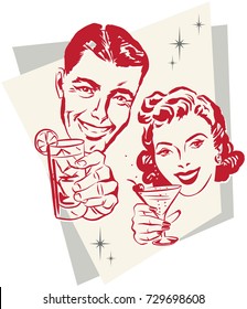 Smiling man and woman raising a toast with cocktail glasses against a 1950s background