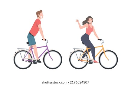 Smiling Man and Woman Riding Bicycle Enjoying Vacation or Weekend Activity Vector Illustration Set