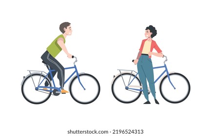 Smiling Man and Woman Riding Bicycle Enjoying Vacation or Weekend Activity Vector Illustration Set