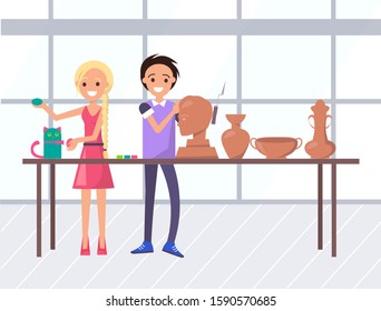 Smiling man and woman sculptors making bust, vase and bowl, colorful cat. Craftsman holding chisel, creative shape, professional artisan, education vector