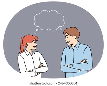 Smiling man and woman with speech bubble above heads communicate share thoughts. Happy people talk discuss ideas brainstorm together. Communication. Vector illustration.