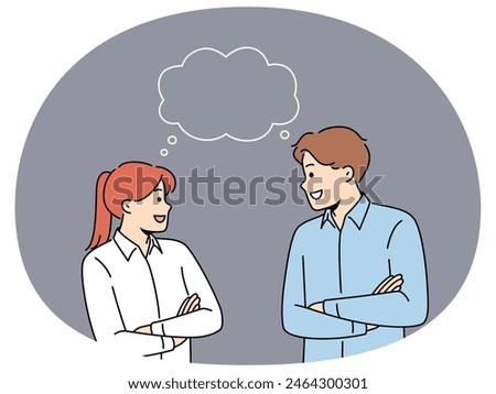 Smiling man and woman with speech bubble above heads communicate share thoughts. Happy people talk discuss ideas brainstorm together. Communication. Vector illustration.