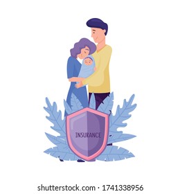 Smiling Man and Woman Standing Behind the Shield and Holding Little Baby Vector Illustration