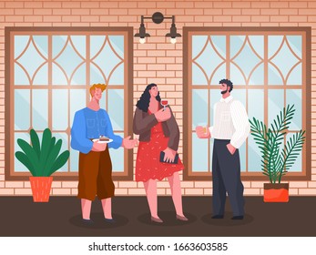 Smiling man and woman standing with cup of beverage and cake indoor. Home reception of people friends speaking and drinking near big windows and plant. Toast of male and female in hall vector