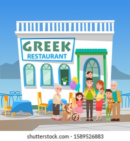Smiling man and woman standing near greek restaurant. Parents holding children near cafe in white color, building with mountain and sea view, taverna construction, Greece architecture, dinner vector