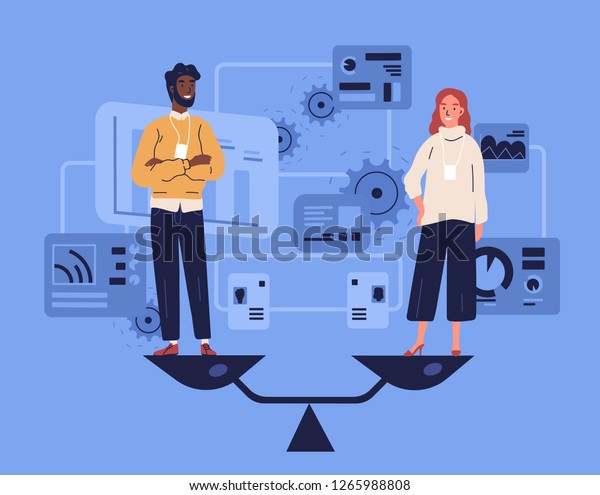 Smiling man and woman standing on weighing dishes of balance scale. Concept of gender equality at work or in business, equal rights for both sexes. Colorful vector illustration in flat cartoon style.