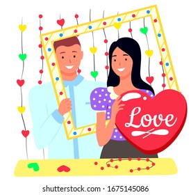 Smiling man and woman standing together, people with photozone accessories. Lovers posing for photoshooting, wedding or romantic day. Location with heart decoration, photo of wife and husband vector