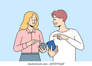 Smiling man and woman using cellphones share information. Happy couple with smartphones have fun browsing internet on gadgets. Vector illustration. 