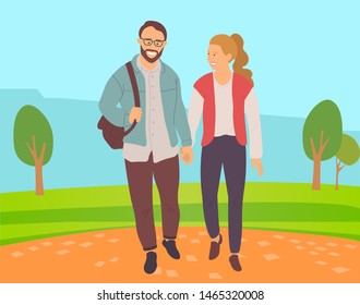 Smiling man and woman walking in park, lovers holding hands. Couple romantic day outdoor, girlfriend and boyfriend going near trees, leisure vector. Dating in park. Flat cartoon