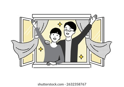 Smiling man and woman waving from a window, concept illustration of a new life, vector