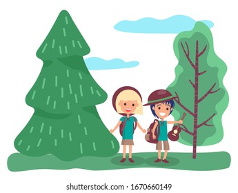 Smiling man and woman wearing casual clothes and backpack climbing. Romantic traveling of male and female holding hands and guitar in forest. People tourists going near trees together vector