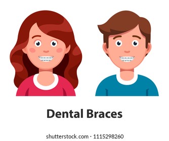 Smiling man and woman wearing teeth dental braces or orthodontic cases. Braces straightening teeth. Orthodontics advertising poster. Flat vector illustration isolated on white background