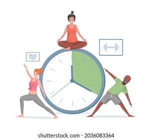 Smiling man and women doing sport exercises and yoga on the background of timer vector flat illustration. People stretching and workout. Fitness club, sport application, healthy lifestyle concept.