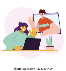 Smiling man and women talking on video call. Concept of videoconference and web communication, team meeting online, work and friendship at a distance