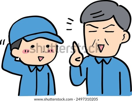 A smiling man in work clothes and a shy man