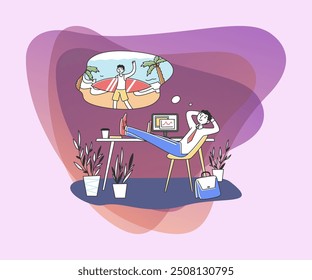 Hombre sonriente en el trabajo que sueña con la Ilustración vectorial plana de vacaciones. Persona de negocios relajándose en el lugar de trabajo y pensando en vacaciones en las islas. Concepto de sueño y relajación.